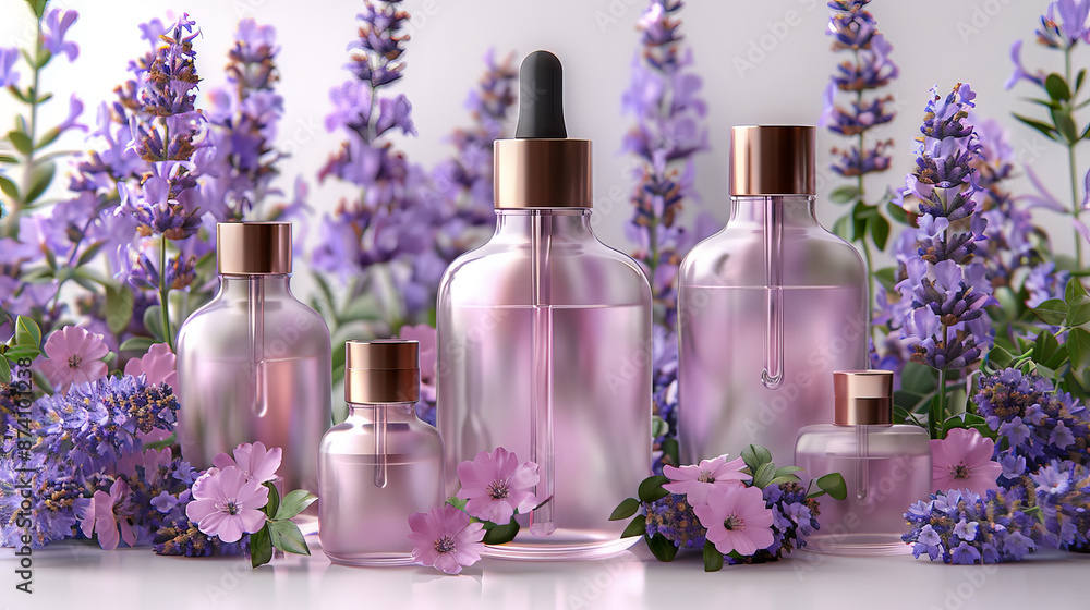 Glass bottles filled with lavender oil, extract, surrounded purple lavender flowers neatly arranged Glass bottles filled with lavender oil, extract, surrounded purple lavender flowers neatly arranged