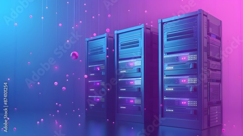 Modern data center server racks with vibrant pink and blue lighting, highlighting advanced technology infrastructure for cloud computing and storage.