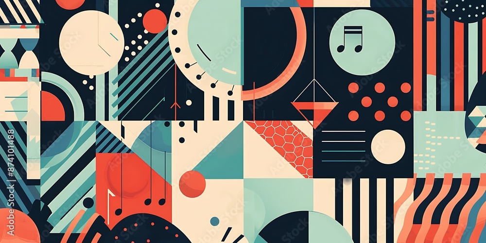 A retro poster with bold geometric shapes and contrasting colors, such as circles, squares and lines forming patterns resembling musical instruments A retro poster with bold geometric shapes and contrasting colors, such as circles, squares and lines forming patterns resembling musical instruments