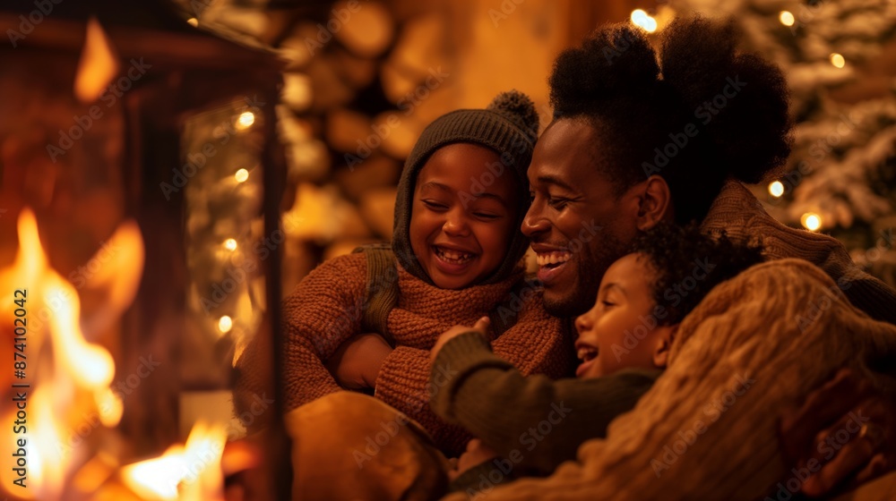 A family shares a warm and joyous moment by the fireplace, surrounded by festive winter decorations. A family shares a warm and joyous moment by the fireplace, surrounded by festive winter decorations.