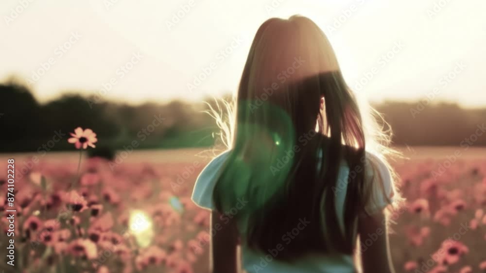 Backlight Girl Young girl walking through a colourful meadow of flowers. Sunny weather ...