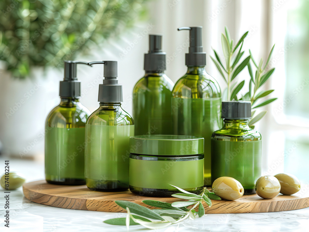 Olive oil based skin care set including lotion, cream, serum, bottles for cosmetics Olive oil based skin care set including lotion, cream, serum, bottles for cosmetics
