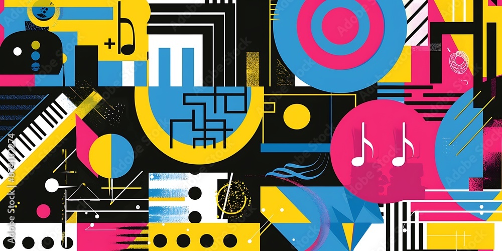 A retro poster with bold geometric shapes and contrasting colors, such as circles, squares and lines forming patterns resembling musical instruments A retro poster with bold geometric shapes and contrasting colors, such as circles, squares and lines forming patterns resembling musical instruments