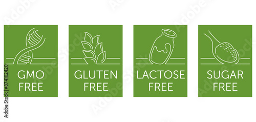 Lactose, Gluten, GMO, Sugar free - labels in thin line