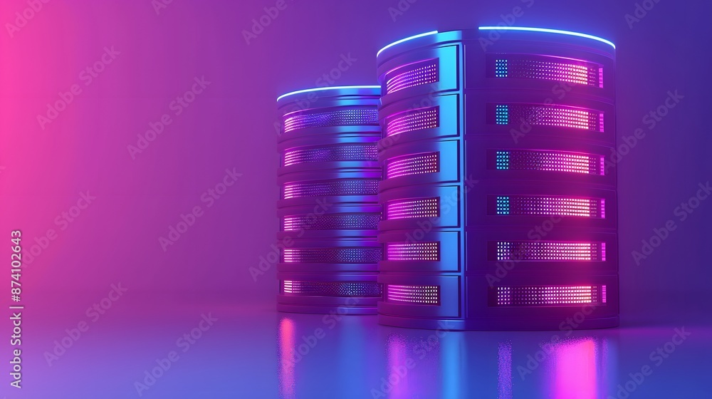 Modern data center with neon glowing lights in futuristic setting, showcasing server racks, storage units, and advanced technology. Modern data center with neon glowing lights in futuristic setting, showcasing server racks, storage units, and advanced technology.