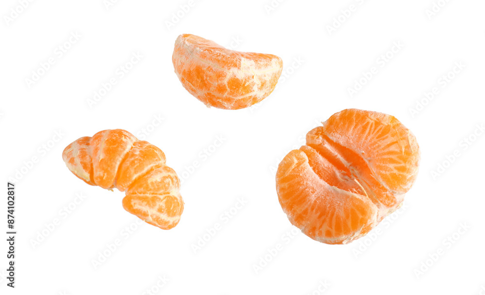 Flying segments of fresh tangerine on white background Flying segments of fresh tangerine on white background
