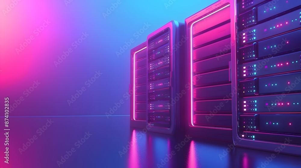 Modern data center with vibrant neon lights. High-tech server racks in blue and purple lighting, showcasing advanced technology infrastructure. Modern data center with vibrant neon lights. High-tech server racks in blue and purple lighting, showcasing advanced technology infrastructure.