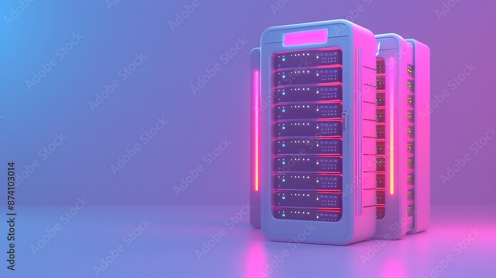 Modern data server rack with neon lighting in a futuristic tech environment. Advanced storage technology concept with vibrant colors. Modern data server rack with neon lighting in a futuristic tech environment. Advanced storage technology concept with vibrant colors.