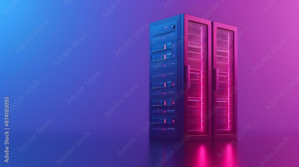 Modern data server racks illuminated with vibrant pink and blue neon lights, symbolizing advanced technology and digital infrastructure. Modern data server racks illuminated with vibrant pink and blue neon lights, symbolizing advanced technology and digital infrastructure.