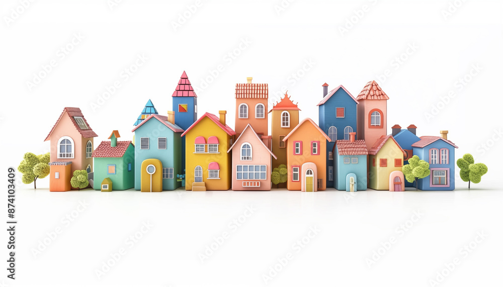 2d cartoon, city with colorful country houses frontal superimposed on a straight line on transparent background 2d cartoon, city with colorful country houses frontal superimposed on a straight line on transparent background
