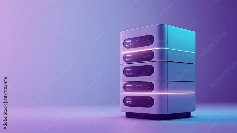 Modern data server stack with futuristic lighting in a purple gradient background, representing technology and cloud storage solutions. Modern data server stack with futuristic lighting in a purple gradient background, representing technology and cloud storage solutions.