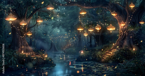 Glowing Mushrooms Illuminate Mystical Forest Lake © Arbystudio