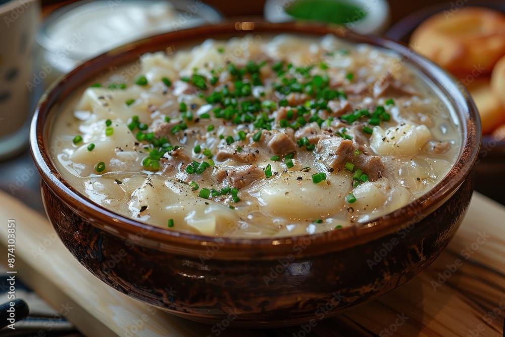A bowl of traditional English tripe, served with onions and white sauce. A bowl of traditional English tripe, served with onions and white sauce.