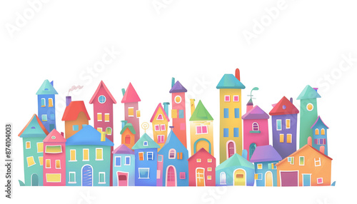 2d cartoon, city with colorful country houses frontal superimposed on a straight line on transparent background