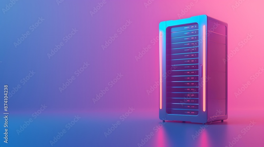 Modern server rack illuminated by blue and pink neon lights, representing advanced data technology and cloud storage solutions. Modern server rack illuminated by blue and pink neon lights, representing advanced data technology and cloud storage solutions.