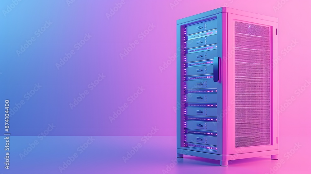 Modern server rack in a data center with vibrant pink and blue lighting, representing technology and network infrastructure. Modern server rack in a data center with vibrant pink and blue lighting, representing technology and network infrastructure.