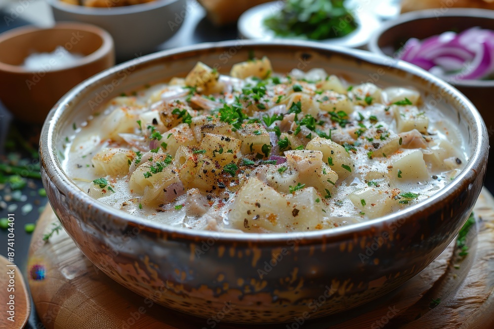 A bowl of traditional English tripe, served with onions and white sauce. A bowl of traditional English tripe, served with onions and white sauce.