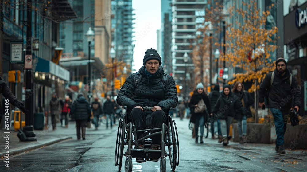 A man navigating downtown in a wheelchair on an autumn day, surrounded by pedestrians and traffic. A man navigating downtown in a wheelchair on an autumn day, surrounded by pedestrians and traffic.