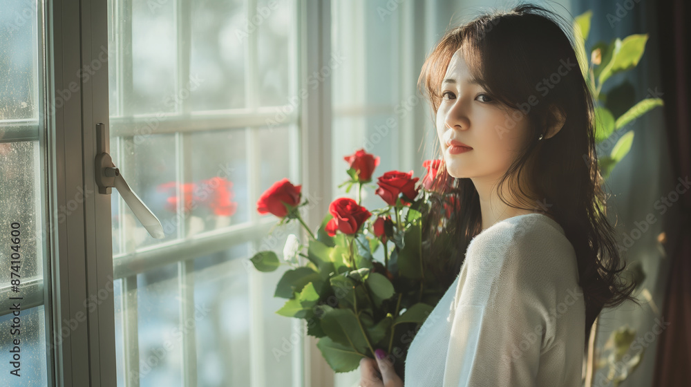 Woman holding roses gazes thoughtfully out a sunlit window. Elegance in morning light. Woman holding roses gazes thoughtfully out a sunlit window. Elegance in morning light.