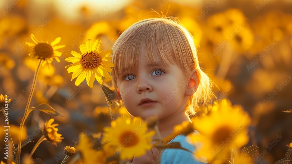 A young child with blue eyes stands in a sunflower field, basking in the golden sunlight. A young child with blue eyes stands in a sunflower field, basking in the golden sunlight.