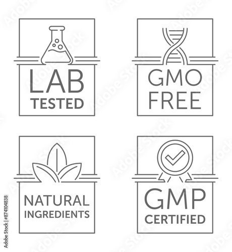 Lab tested, GMO free, Natural ingredients, GMP certified - rectangular icons