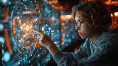  A high school student using a touchscreen tablet and an artificial intelligence-powered learning platform to master difficult subjects