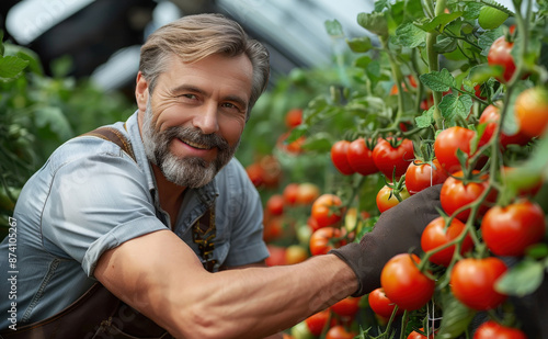 Farmer picking fresh tomatoes his hothouse. Attractive male working greenhouse. Agriculture harvest © liubovyashkir