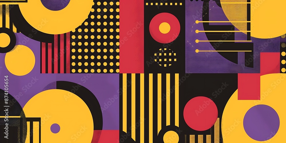 A retro poster with bold geometric shapes and contrasting colors, such as circles, squares and lines forming patterns resembling musical instruments A retro poster with bold geometric shapes and contrasting colors, such as circles, squares and lines forming patterns resembling musical instruments