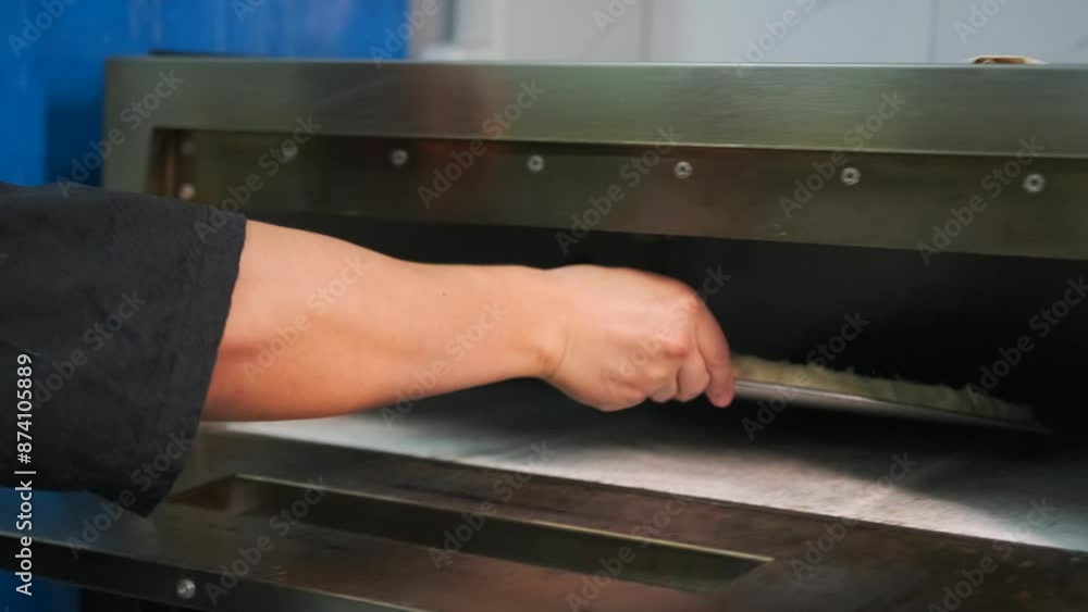 Baking pizza. Close-up of a hand putting a pizza blank into the oven in a restaurant. Baking pizza. Close-up of a hand putting a pizza blank into the oven in a restaurant.