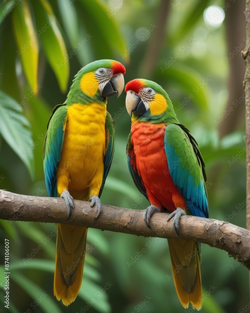 A vibrant image of a pair of brightly colored parrots perched on a tree branch, showcasing their striking plumage. A vibrant image of a pair of brightly colored parrots perched on a tree branch, showcasing their striking plumage.