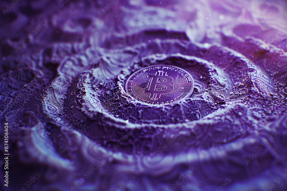 Obraz premium Bitcoin coin embedded in a textured, lunar-like surface with purple and blue lighting giving a futuristic and mysterious feel
