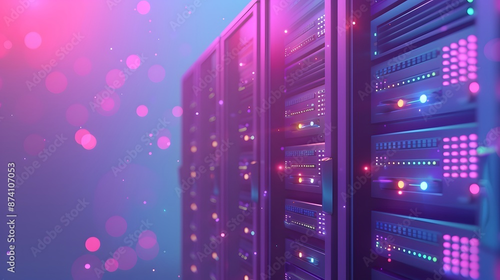 Vibrant data server racks glowing with blue and pink lights, symbolizing modern computing technology and data storage efficiency. Vibrant data server racks glowing with blue and pink lights, symbolizing modern computing technology and data storage efficiency.
