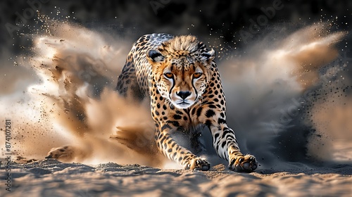 photorealistic cheetah in full sprint with dust billowing and intense focus