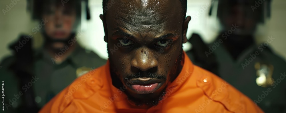 A man with a shaved head and a black beard is wearing an orange shirt. A man with a shaved head and a black beard is wearing an orange shirt.