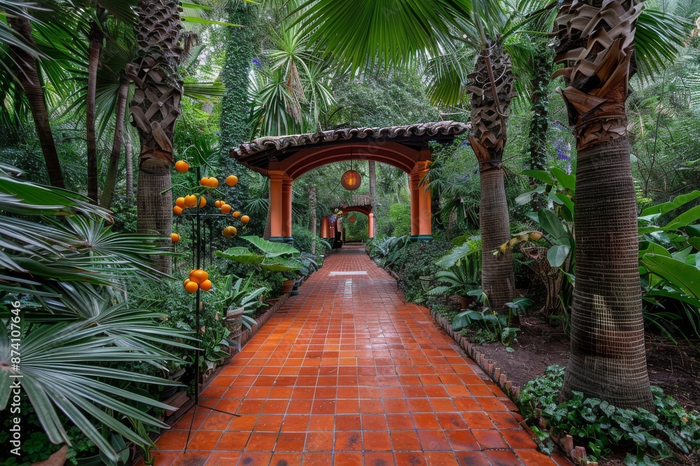 Fototapeta premium Tropical Garden Walkway with Palm Trees and Colorful Flowers Creating a Lush and Exotic Atmosphere