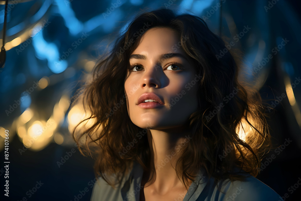 Close-up Portrait of a Woman with Curly Hair and Blue and Yellow Lights Close-up Portrait of a Woman with Curly Hair and Blue and Yellow Lights