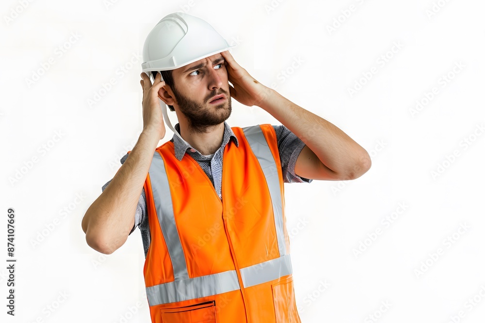 engineer in orange vest and helmet holds blueprints, white background, engineer in orange vest and helmet holds blueprints, white background,
