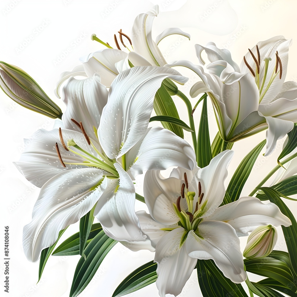 Fototapeta premium Elegant White Lilies with Delicate Petals and Graceful Stems on a Serene Floral Background