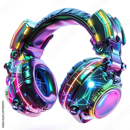 Futuristic Headphones with Neon Accents and Sleek Metallic Casing for Advanced Sound Dampening in