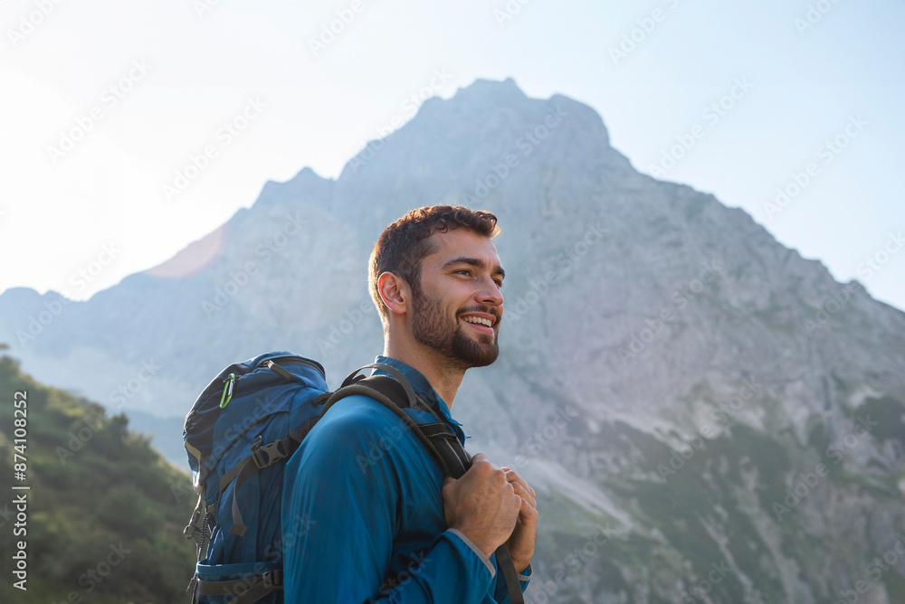 Happy man with backpack hiking near mountain of Germany Happy man with backpack hiking near mountain of Germany