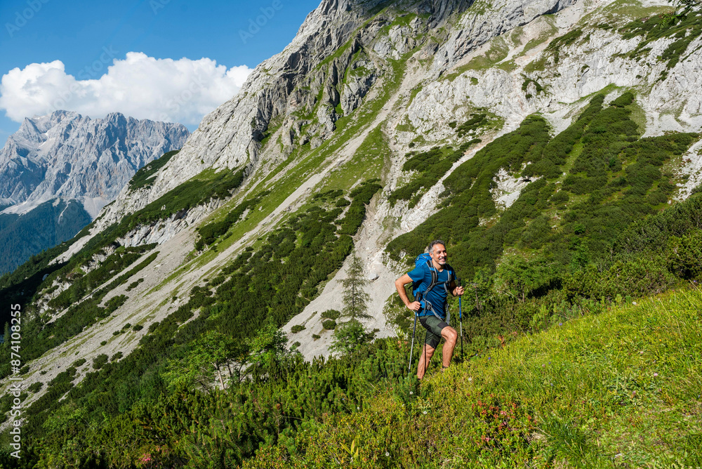 Happy man walking on mountain with hiking pole in Germany Happy man walking on mountain with hiking pole in Germany