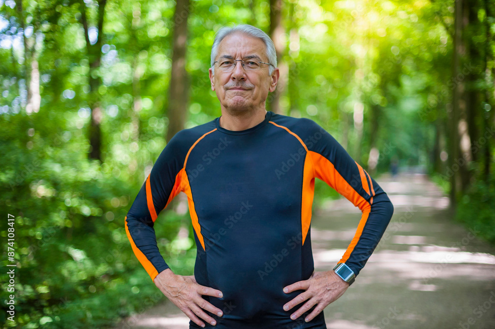 Senior posing with hands on hips in public park Senior posing with hands on hips in public park