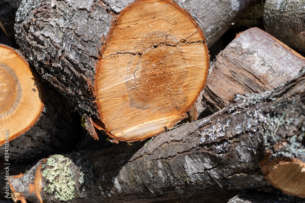 Firewood logs waiting to be split in the morning light.