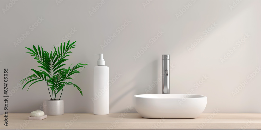 Fototapeta premium White lotion dispenser in bathroom setting with plant. Mockup concept