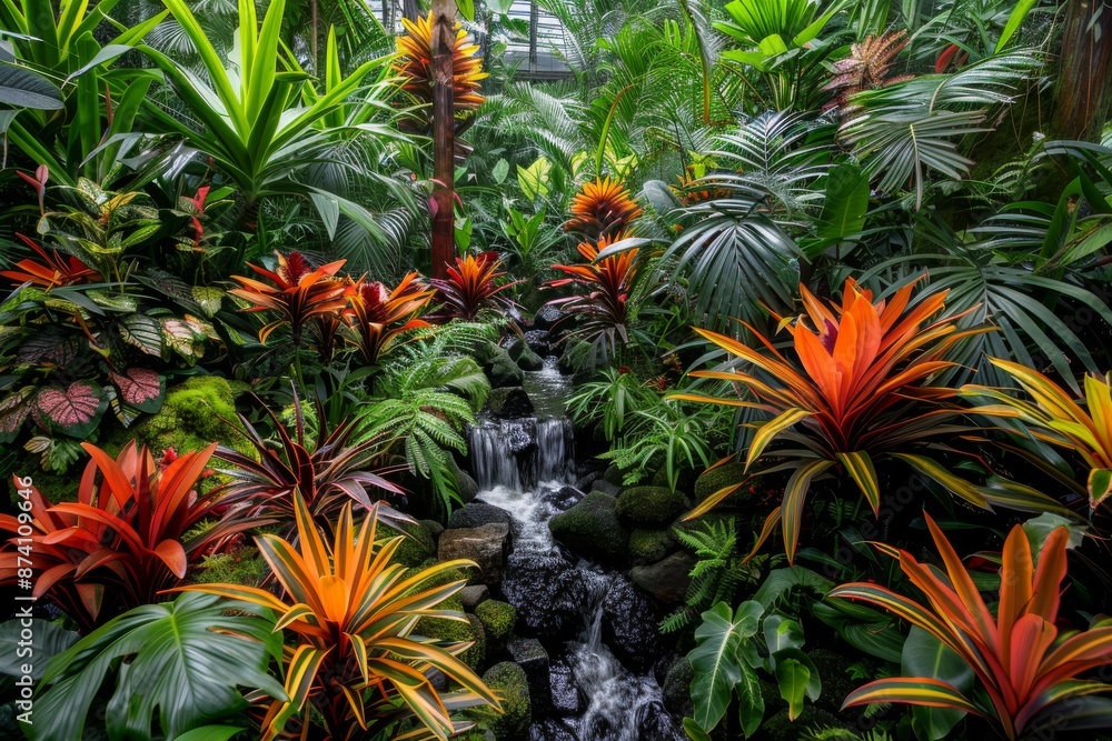 Obraz premium Lush Tropical Garden with Exotic Plants and Colorful Flowers Creating a Jungle-Like Atmosphere