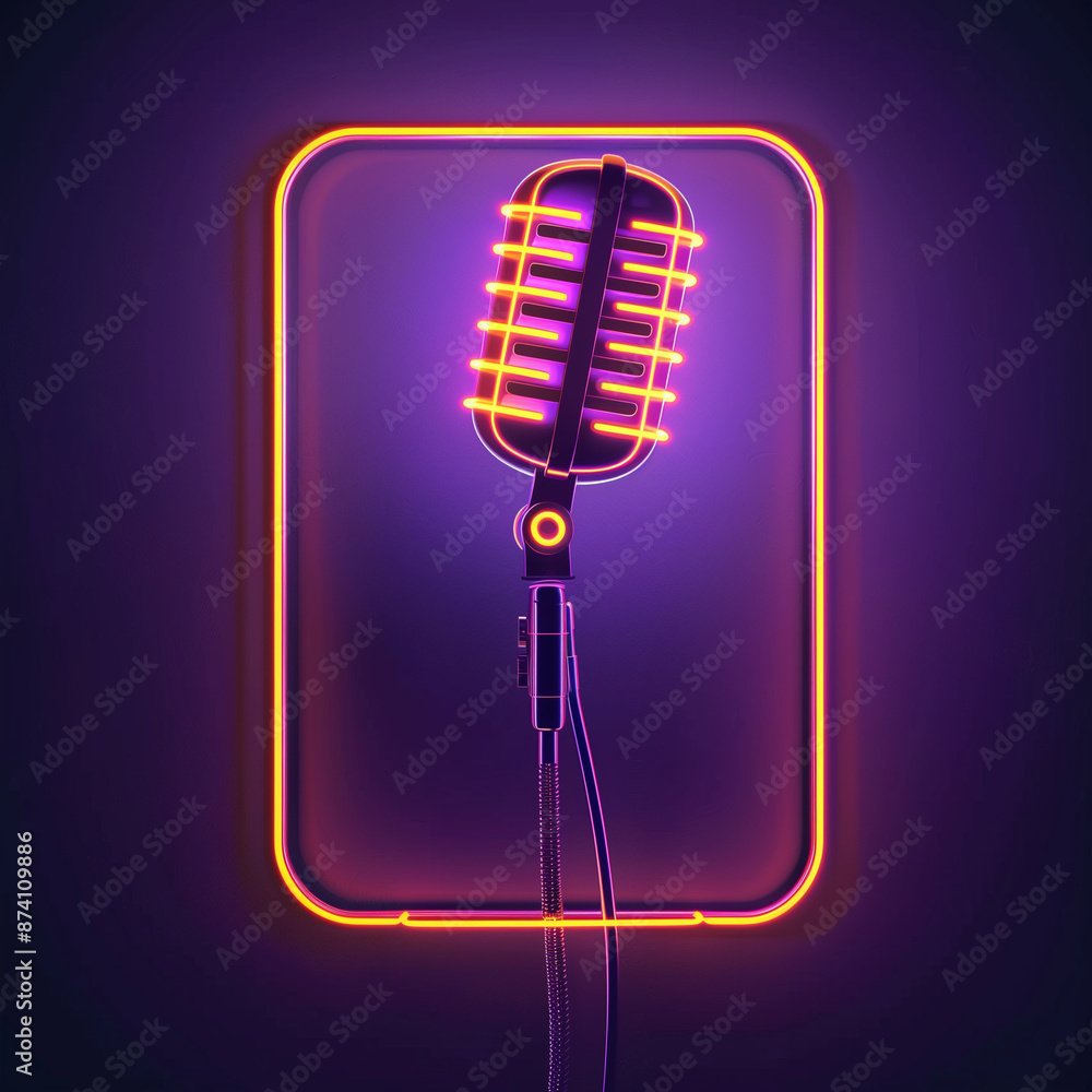 Neon Microphone Sign on Dark Background. Bright and Vibrant Music Icon for Studio, Podcast, and Live Performances Neon Microphone Sign on Dark Background. Bright and Vibrant Music Icon for Studio, Podcast, and Live Performances
