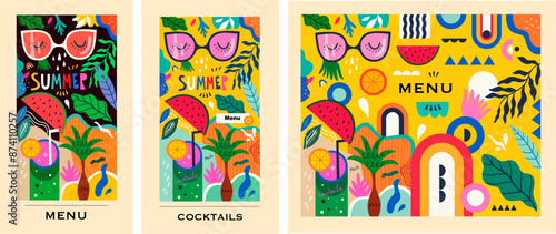 Summer design menu. Colorful summer trendy vector illustration. Illustration with summer drinks: lemonades, cocktails.	
