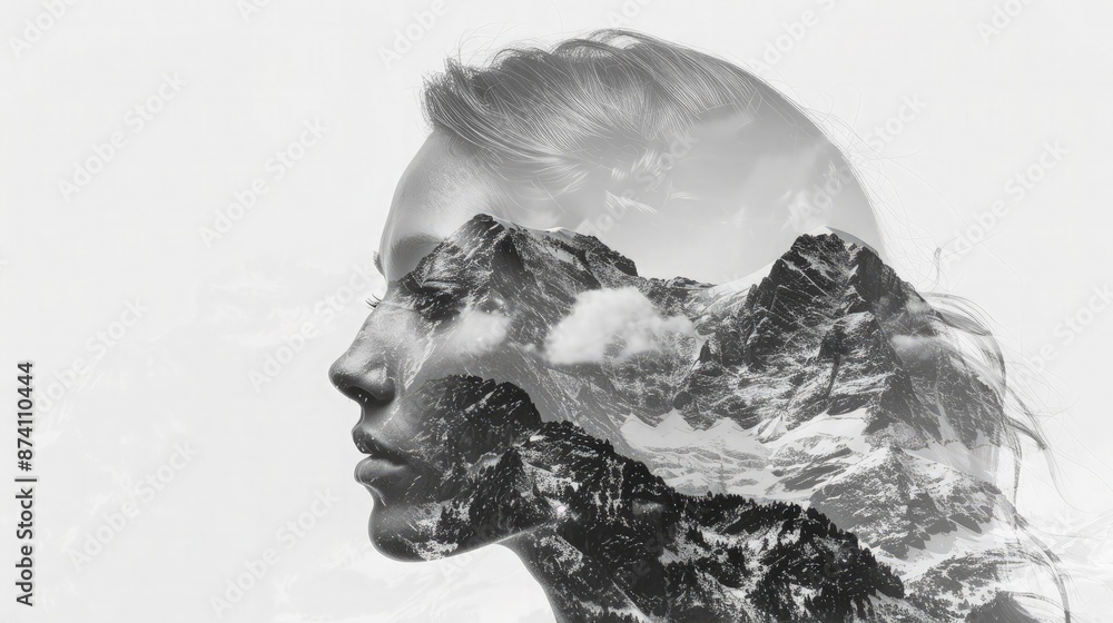 Fototapeta premium Double exposure of a mountain landscape blending with an abstract female face in black and white, isolated on a white background.