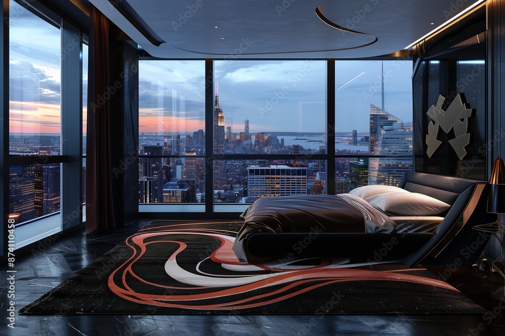 Fototapeta premium A contemporary bedroom with dark accents, an abstract rug, and a stunning city view.