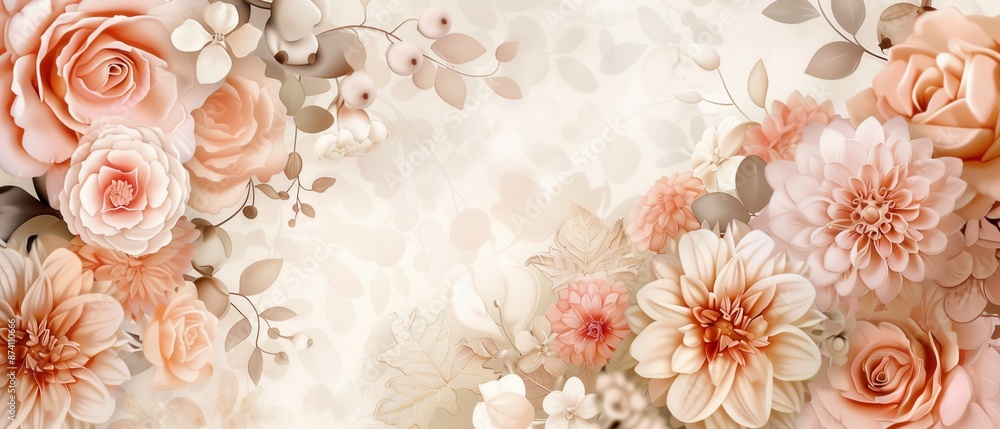Elegant boho style floral pattern featuring soft pastel flowers with intricate line details on a subtle wave background, perfect for decorative and design projects Elegant boho style floral pattern featuring soft pastel flowers with intricate line details on a subtle wave background, perfect for decorative and design projects